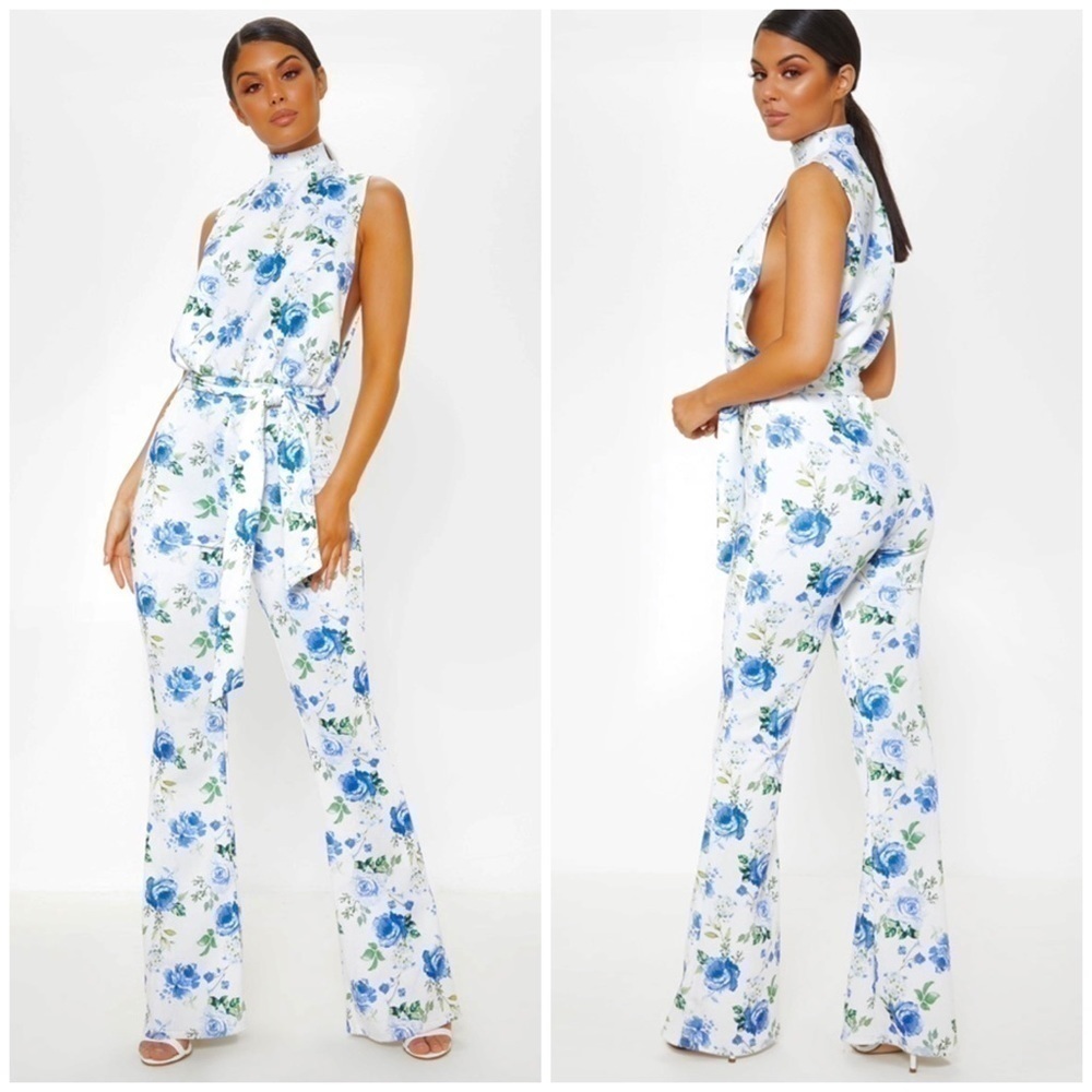 PLT White Blue Floral Scuba High Neck Tie Waist Jumpsuit Women’s Size 12